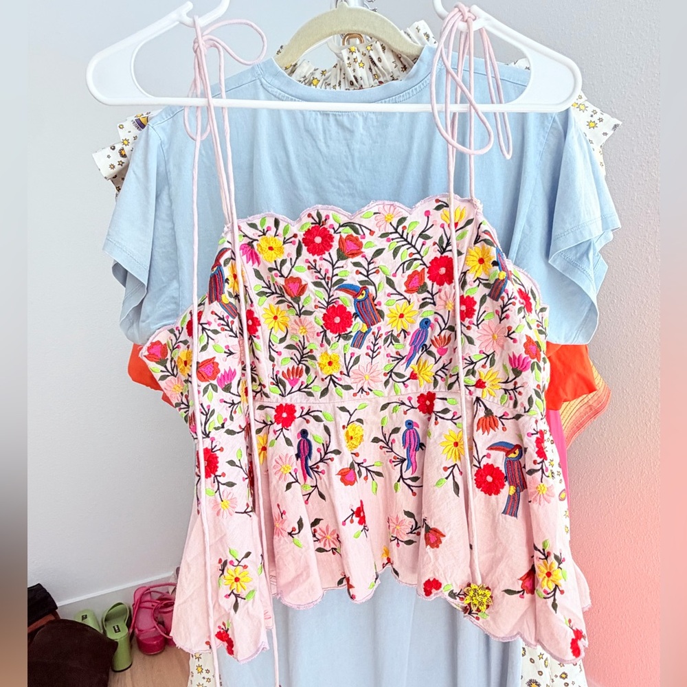 Embroidered Pink Floral Tie-Strap Camisole
